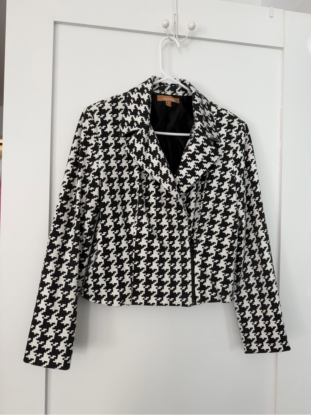 Ellen Tracy Black & White Houndstooth Biker Jacket Blazer